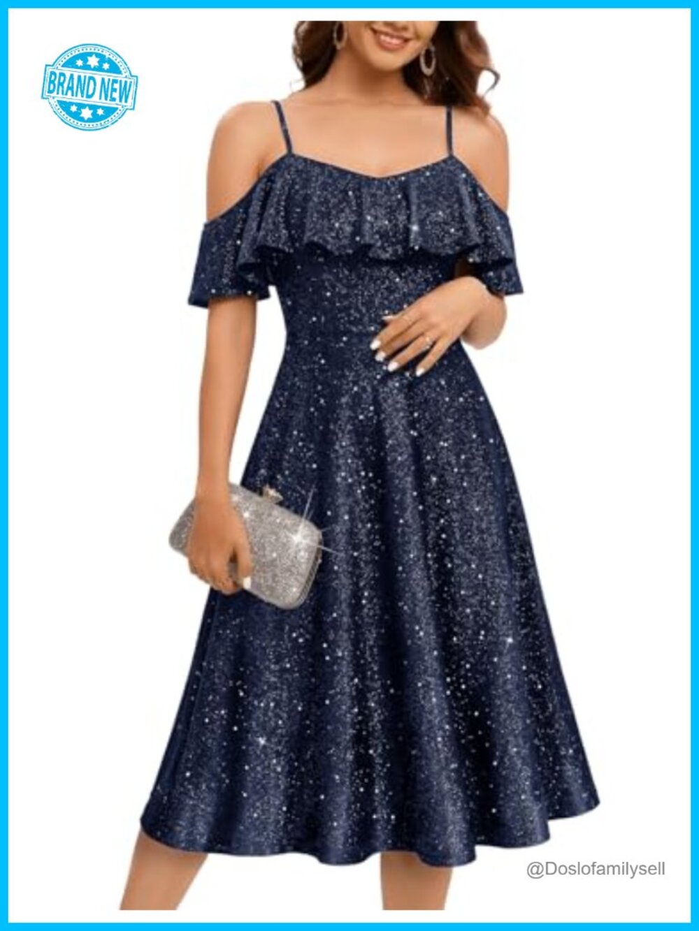 Sequin Off Shoulder Cocktail Wedding Guest Midi Dress Sleeveless